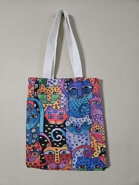 Colorful Cat Pattern Canvas Tote Bag with White Handles